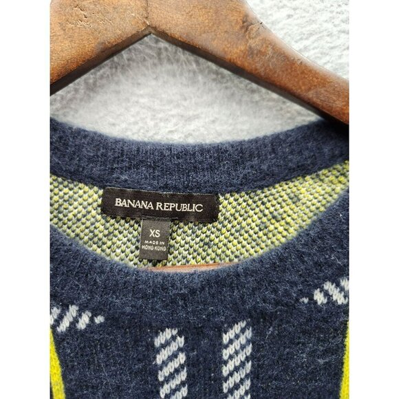 Banana Republic Womens XS Plaid Wool Blend Sweater Navy/Yellow/White - Picture 2 of 4